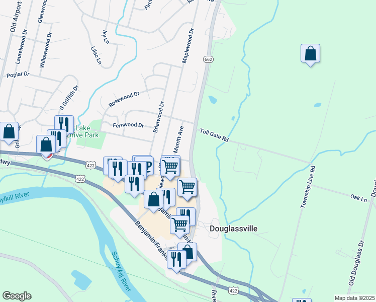 map of restaurants, bars, coffee shops, grocery stores, and more near 284 Old Swede Road in Douglassville