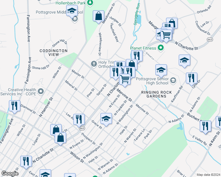 map of restaurants, bars, coffee shops, grocery stores, and more near 1211 North Charlotte Street in Pottstown