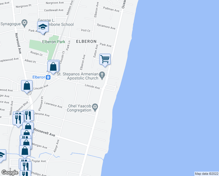 map of restaurants, bars, coffee shops, grocery stores, and more near 2 Garfield Terrace in Long Branch