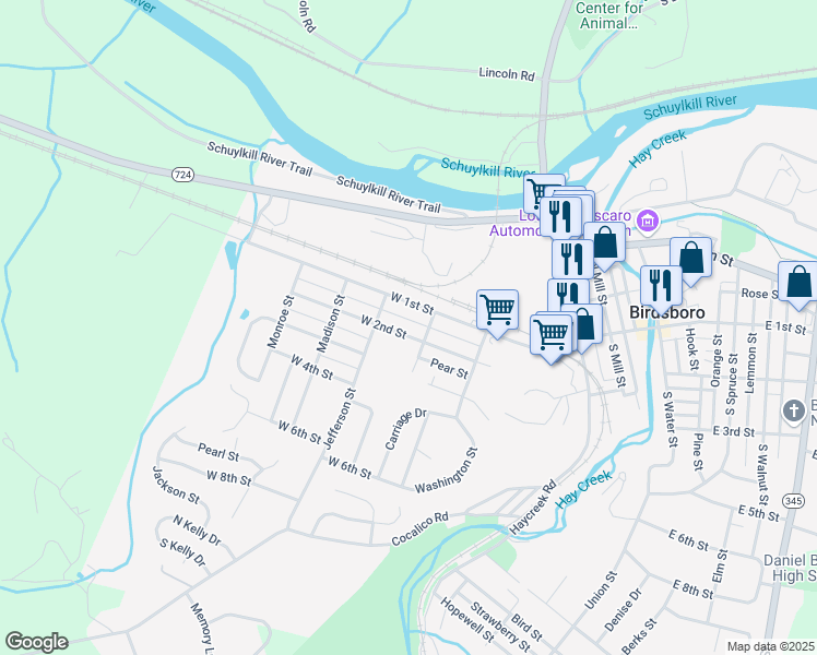 map of restaurants, bars, coffee shops, grocery stores, and more near 421 West 2nd Street in Birdsboro