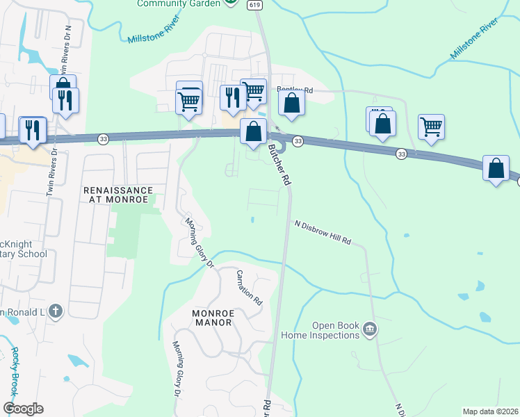 map of restaurants, bars, coffee shops, grocery stores, and more near 30 Wisteria Court in Monroe Township