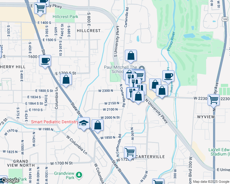 map of restaurants, bars, coffee shops, grocery stores, and more near 2302 North 800 West Street in Provo
