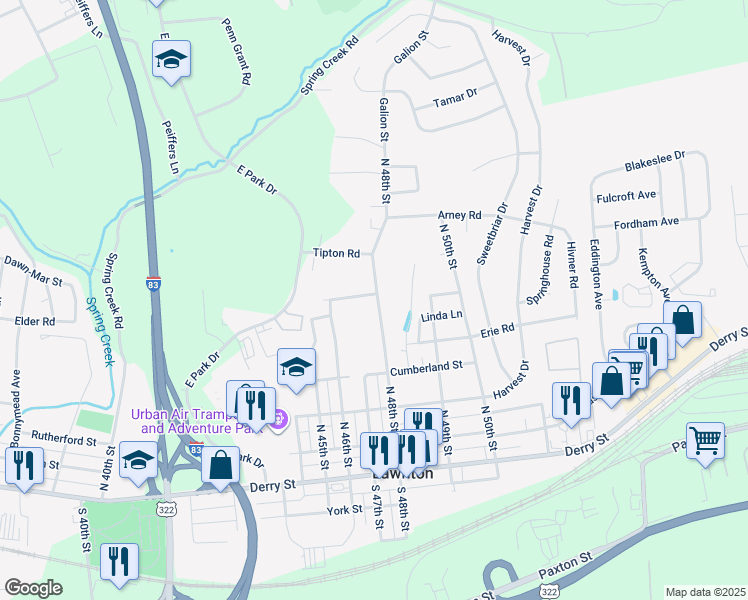 map of restaurants, bars, coffee shops, grocery stores, and more near 377 North 48th Street in Harrisburg