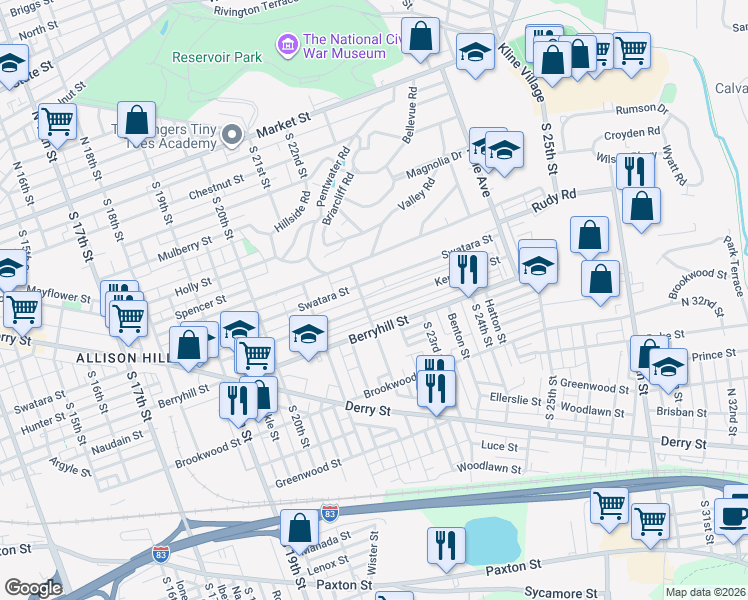map of restaurants, bars, coffee shops, grocery stores, and more near 2236 Mc Cleaster Street in Harrisburg