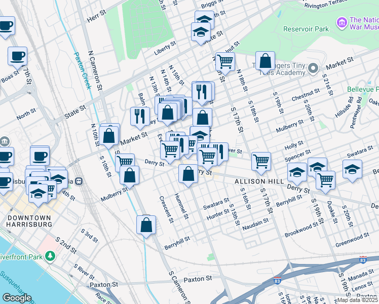 map of restaurants, bars, coffee shops, grocery stores, and more near 1306 Vernon Street in Harrisburg