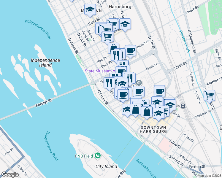 map of restaurants, bars, coffee shops, grocery stores, and more near 717A North 2nd Street in Harrisburg