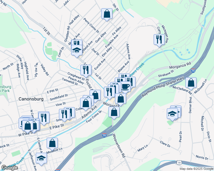 map of restaurants, bars, coffee shops, grocery stores, and more near 402 Chartiers Avenue in Canonsburg