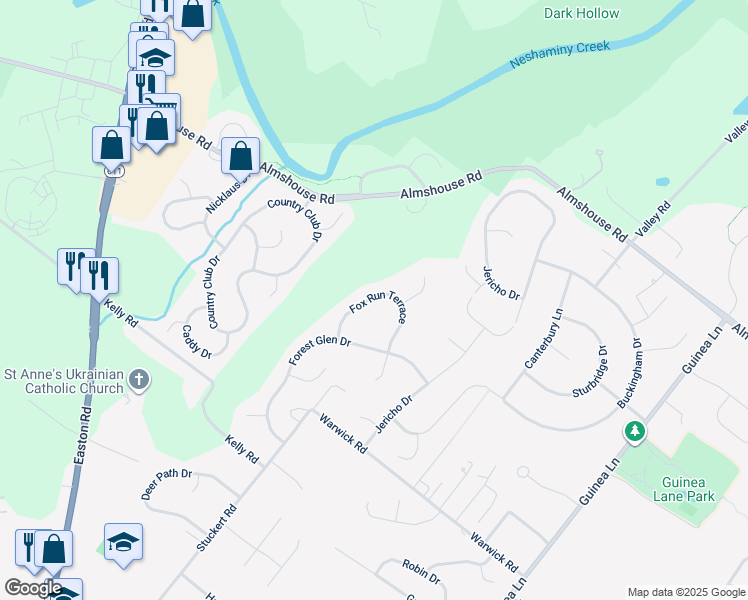 map of restaurants, bars, coffee shops, grocery stores, and more near 1833 Fox Run Terrace in Warrington