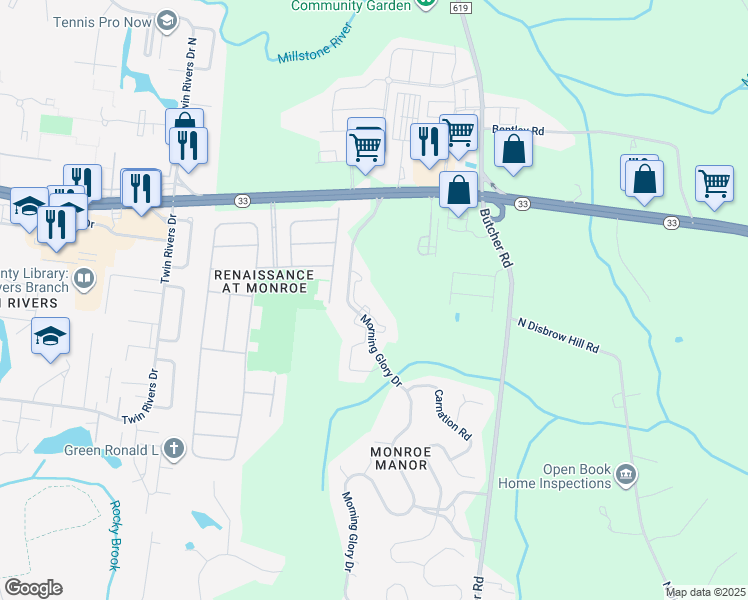 map of restaurants, bars, coffee shops, grocery stores, and more near 1110 Morning Glory Drive in Monroe Township