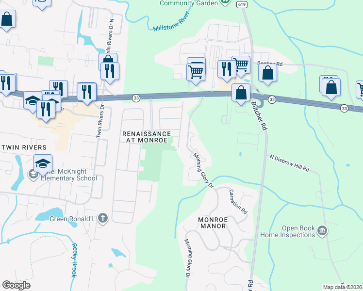 map of restaurants, bars, coffee shops, grocery stores, and more near 117 Orleans Road in Monroe Township