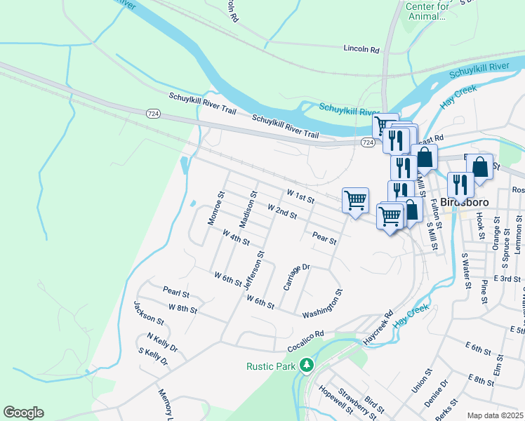map of restaurants, bars, coffee shops, grocery stores, and more near 515 West 2nd Street in Birdsboro