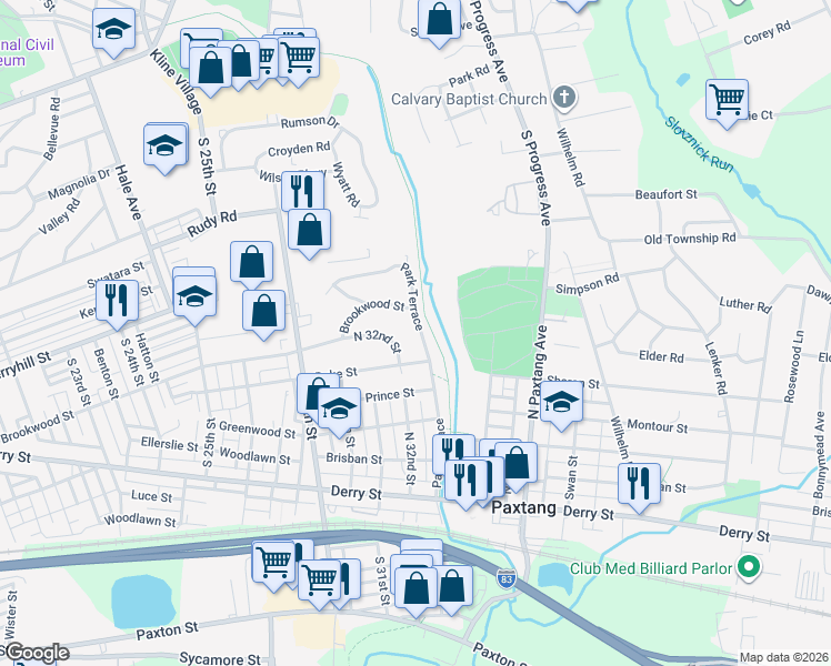 map of restaurants, bars, coffee shops, grocery stores, and more near 440 Park Terrace in Harrisburg