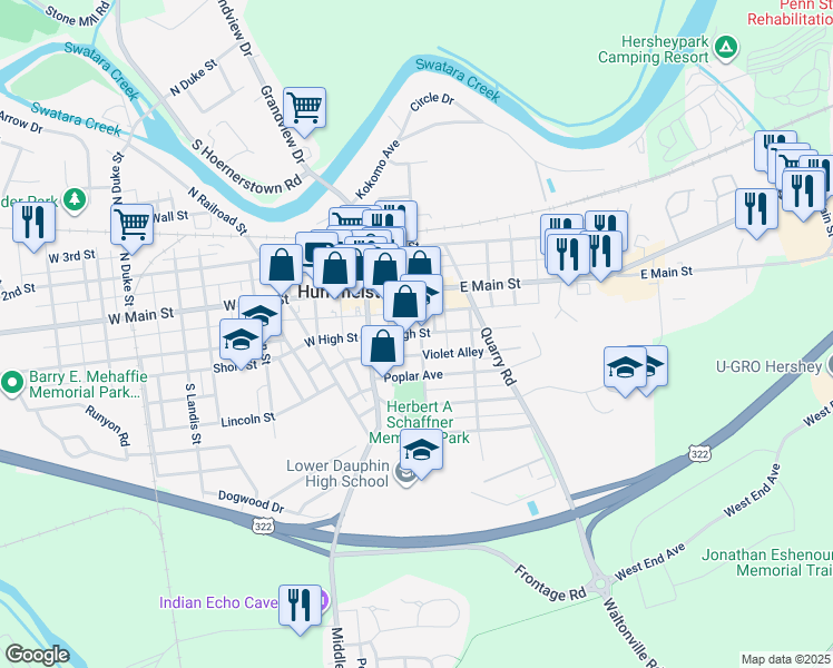 map of restaurants, bars, coffee shops, grocery stores, and more near 47 East High Street in Hummelstown