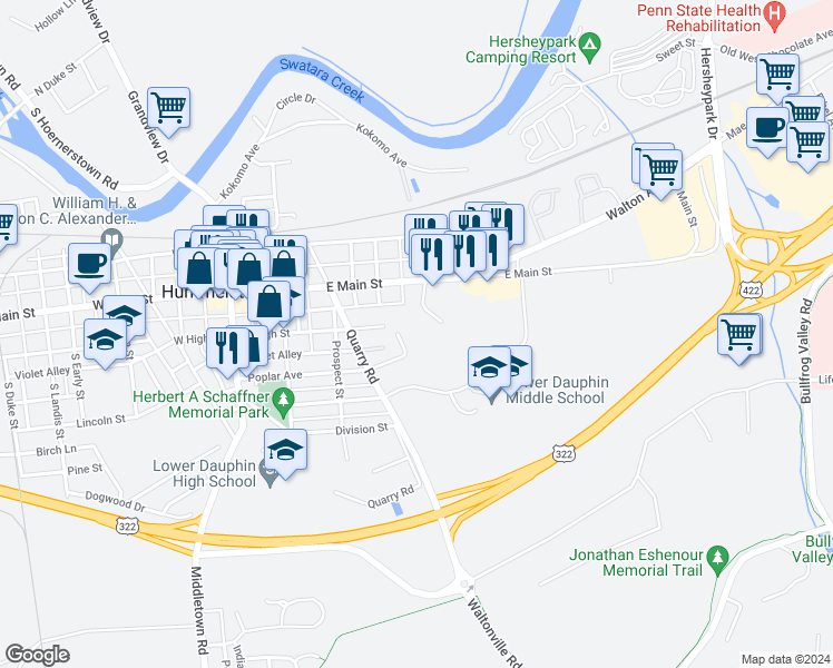 map of restaurants, bars, coffee shops, grocery stores, and more near 300 Poplar Avenue in Hummelstown
