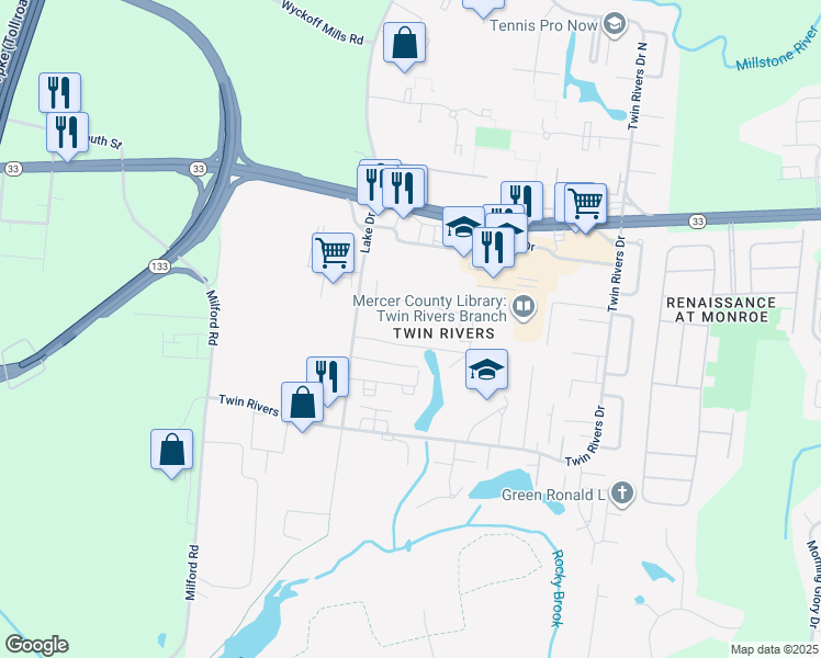 map of restaurants, bars, coffee shops, grocery stores, and more near 63 Covington Drive in East Windsor