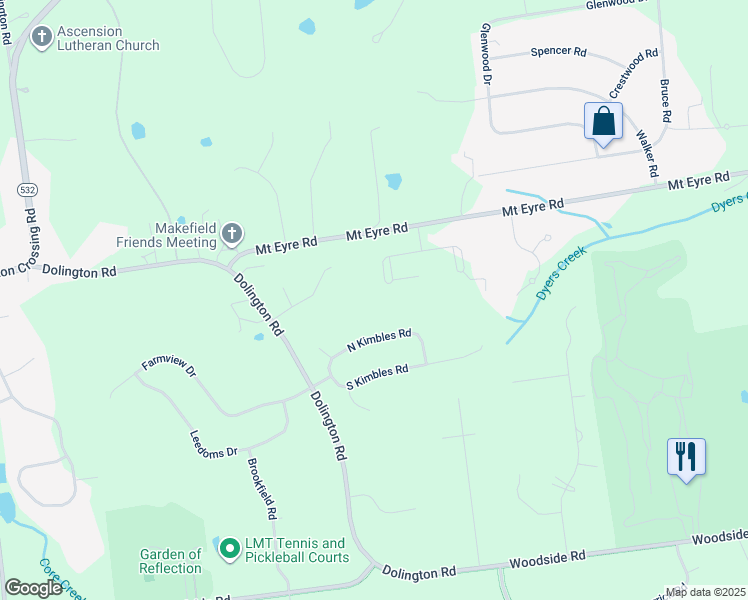 map of restaurants, bars, coffee shops, grocery stores, and more near 1652 Thistlewood Drive in Washington Crossing