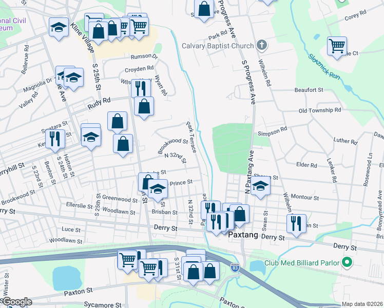 map of restaurants, bars, coffee shops, grocery stores, and more near 440 Park Terrace in Harrisburg