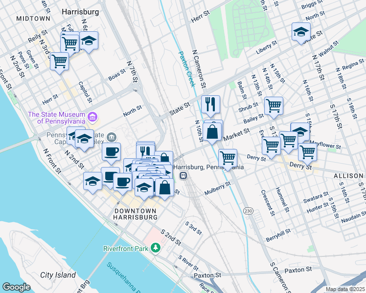 map of restaurants, bars, coffee shops, grocery stores, and more near 810 Market Street in Harrisburg