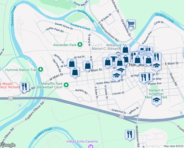 map of restaurants, bars, coffee shops, grocery stores, and more near 403 West Main Street in Hummelstown