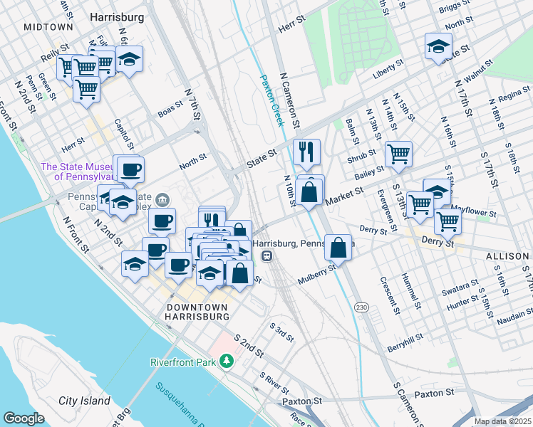 map of restaurants, bars, coffee shops, grocery stores, and more near 810 Market Street in Harrisburg