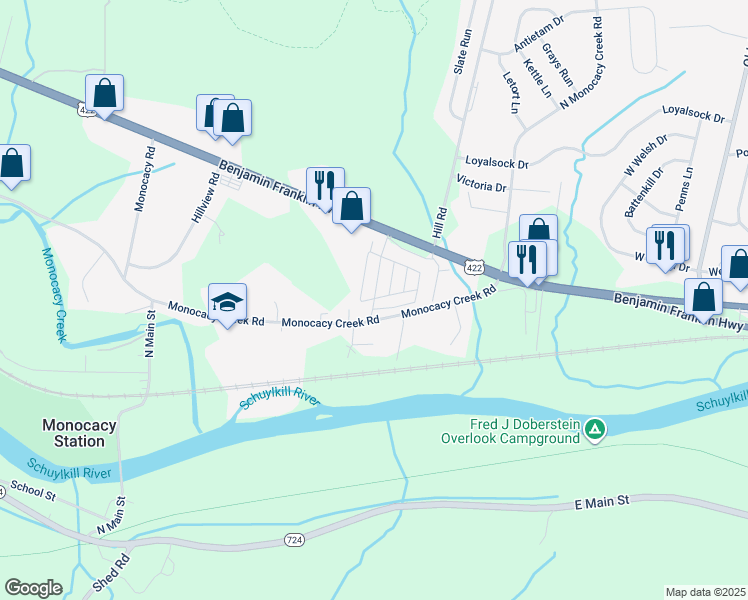 map of restaurants, bars, coffee shops, grocery stores, and more near 21 Valley View Road in Birdsboro