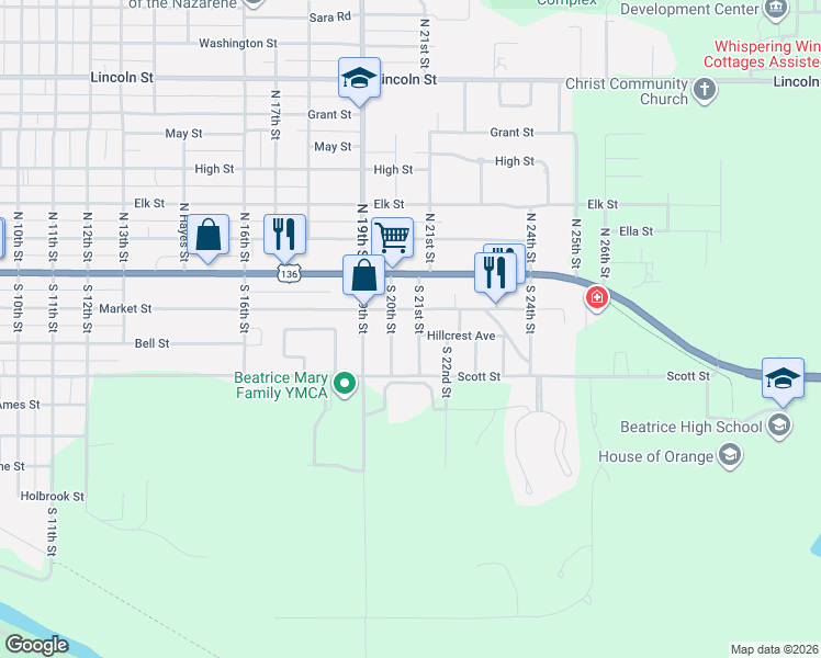 map of restaurants, bars, coffee shops, grocery stores, and more near 2025 Market Street in Beatrice