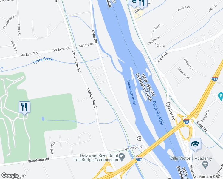 map of restaurants, bars, coffee shops, grocery stores, and more near 202 River Road in Washington Crossing