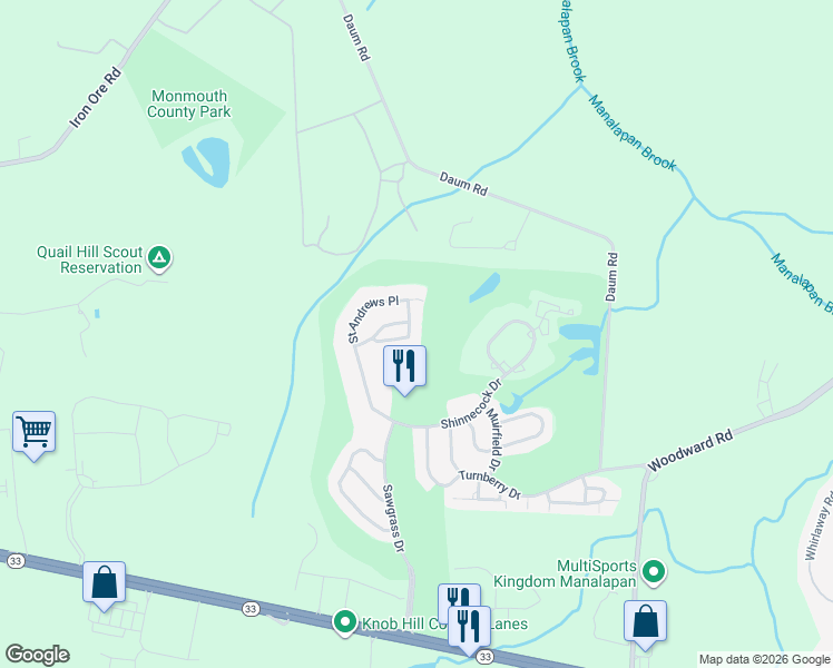 map of restaurants, bars, coffee shops, grocery stores, and more near 405 Saint Andrews Place in Manalapan Township