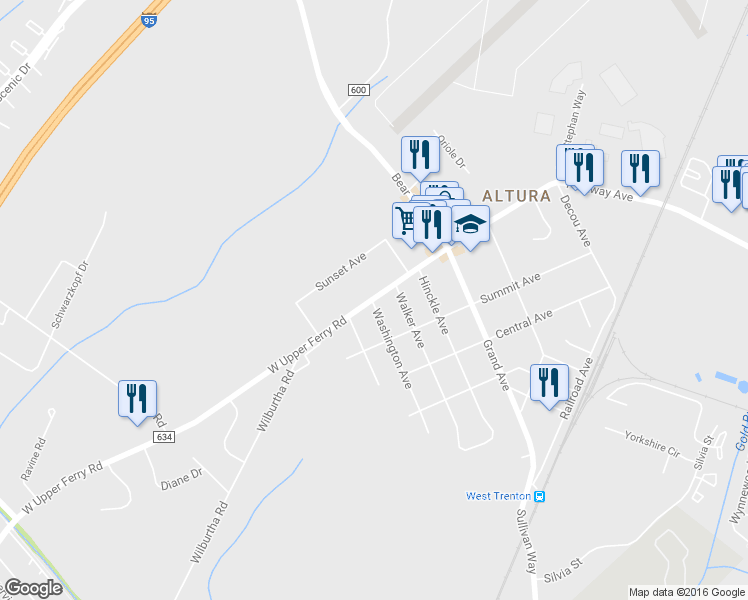 map of restaurants, bars, coffee shops, grocery stores, and more near 109 West Upper Ferry Road in Ewing Township