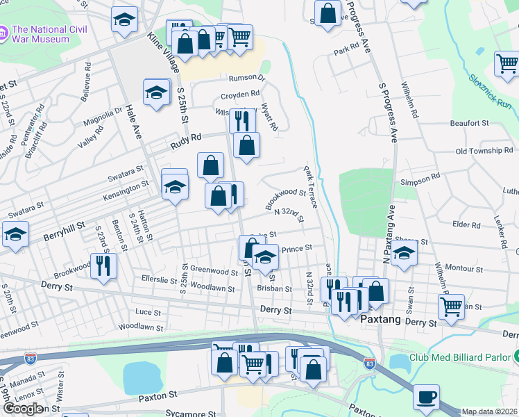 map of restaurants, bars, coffee shops, grocery stores, and more near 3106 Brookwood Street in Harrisburg