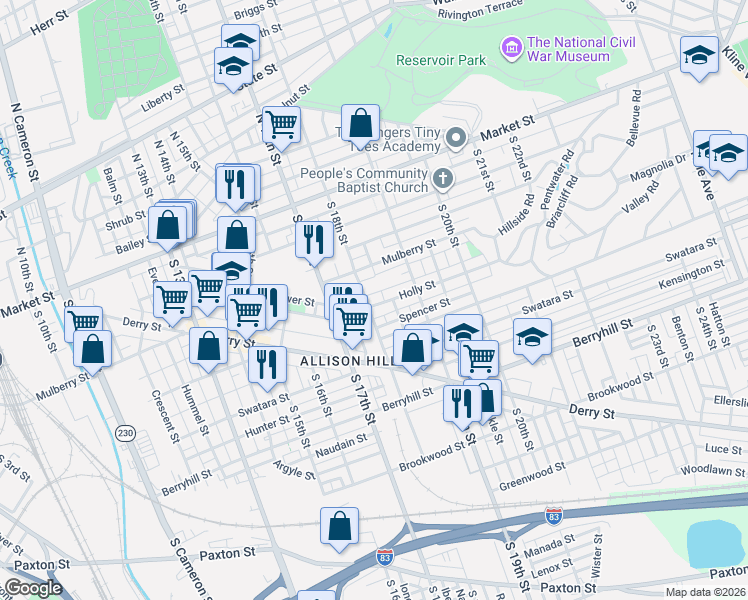 map of restaurants, bars, coffee shops, grocery stores, and more near 221 South 18th Street in Harrisburg