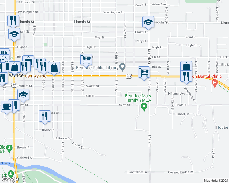 map of restaurants, bars, coffee shops, grocery stores, and more near 1603 Market Street in Beatrice