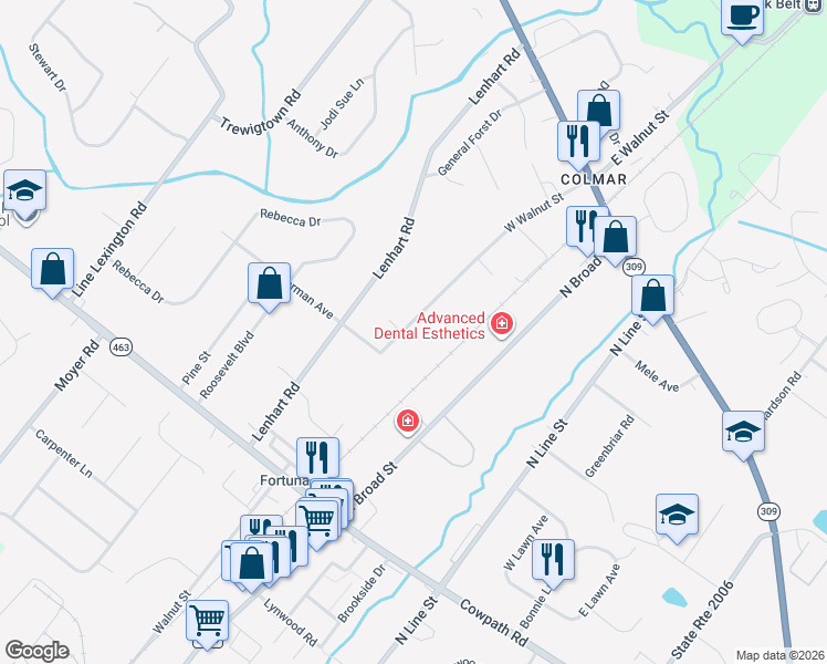 map of restaurants, bars, coffee shops, grocery stores, and more near 2248 West Walnut Street in Colmar
