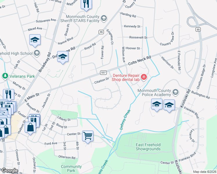 map of restaurants, bars, coffee shops, grocery stores, and more near 29 Citation Drive in Freehold