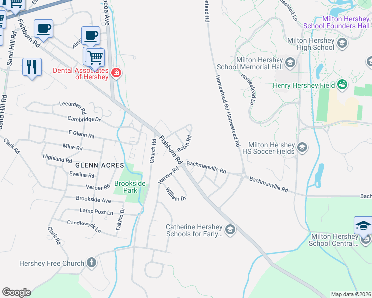 map of restaurants, bars, coffee shops, grocery stores, and more near 222 Robin Road in Hershey