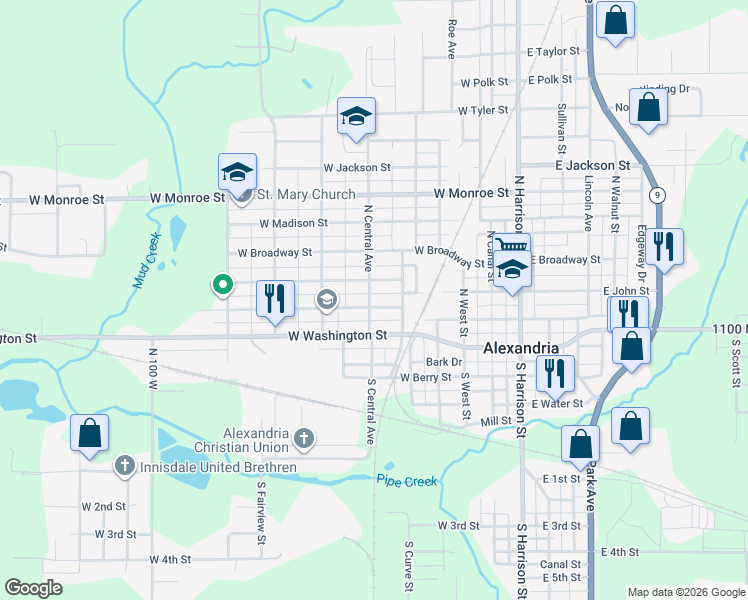 map of restaurants, bars, coffee shops, grocery stores, and more near 605 West Jefferson Street in Alexandria