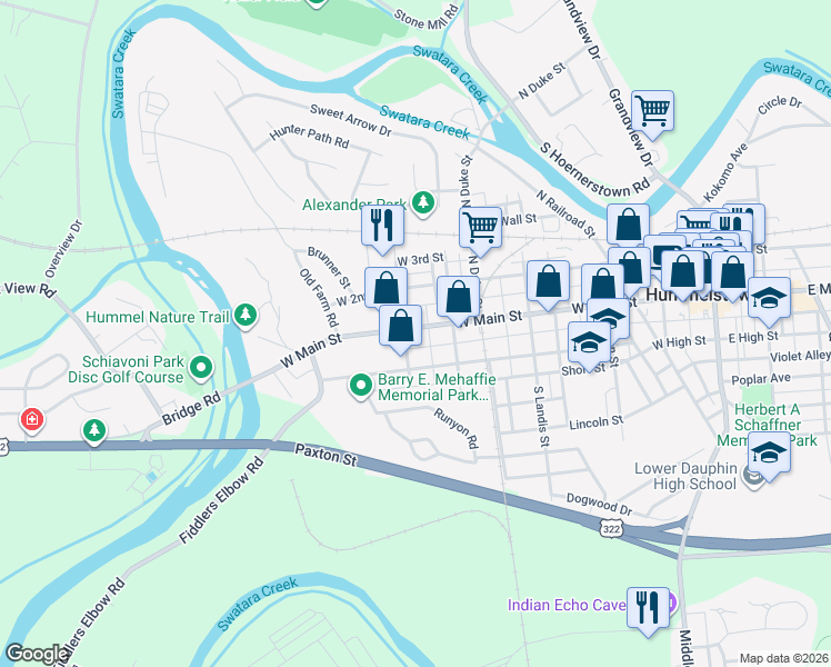 map of restaurants, bars, coffee shops, grocery stores, and more near 537 West Main Street in Hummelstown