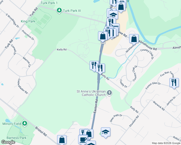 map of restaurants, bars, coffee shops, grocery stores, and more near 1574 Easton Road in Warrington