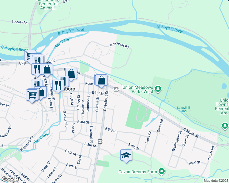 map of restaurants, bars, coffee shops, grocery stores, and more near 832 East Main Street in Birdsboro