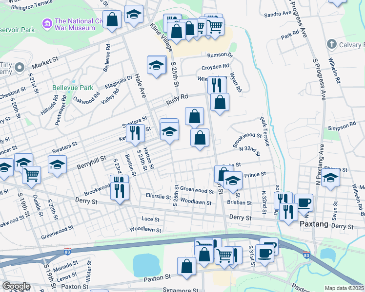 map of restaurants, bars, coffee shops, grocery stores, and more near 2522 Barkley Lane in Harrisburg
