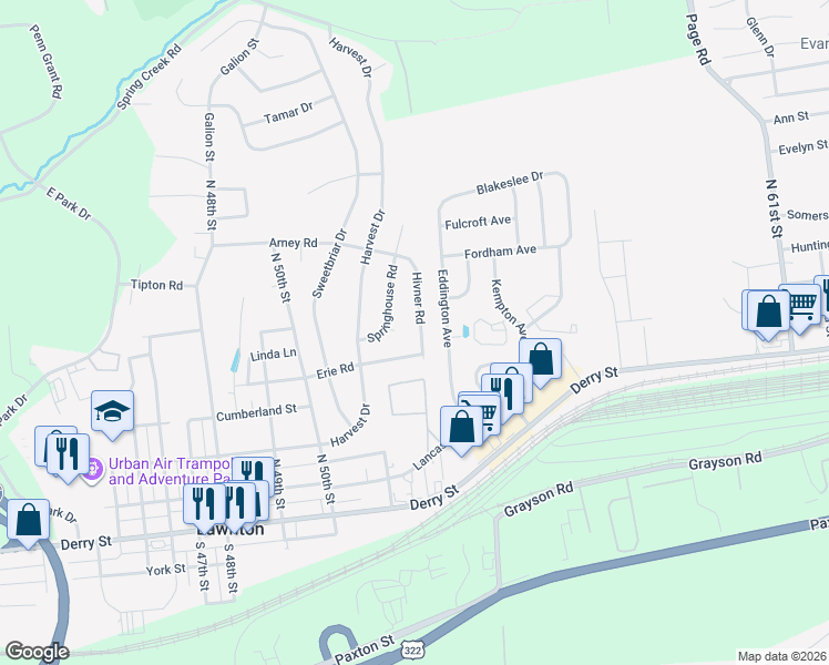 map of restaurants, bars, coffee shops, grocery stores, and more near 374 Hivner Road in Harrisburg