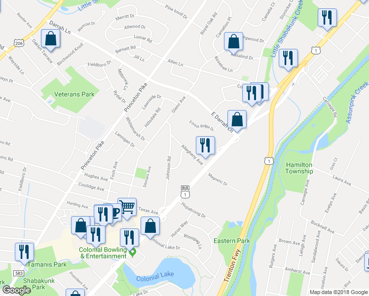 map of restaurants, bars, coffee shops, grocery stores, and more near Allegheny Avenue & Heritage Way in Lawrence Township