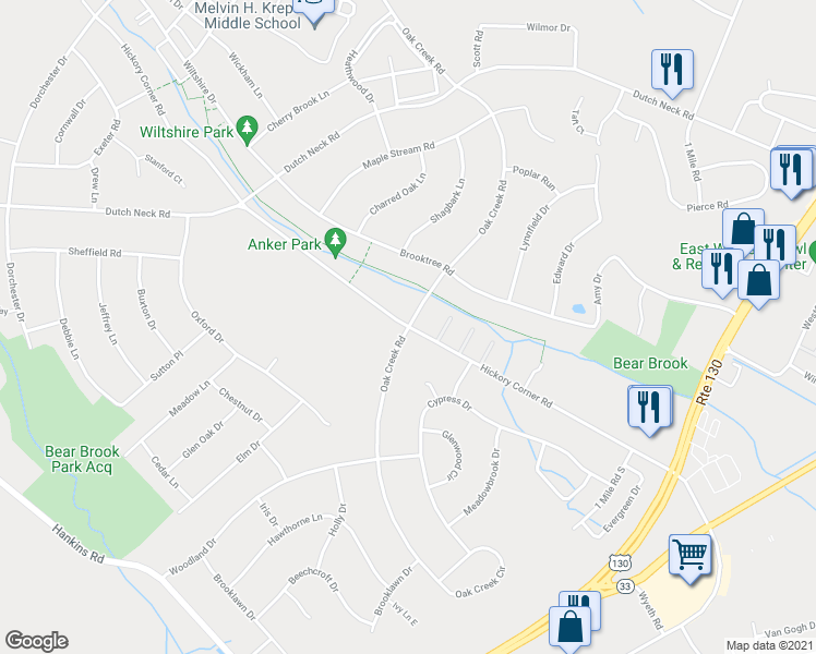 map of restaurants, bars, coffee shops, grocery stores, and more near 162 Hickory Corner Road in East Windsor
