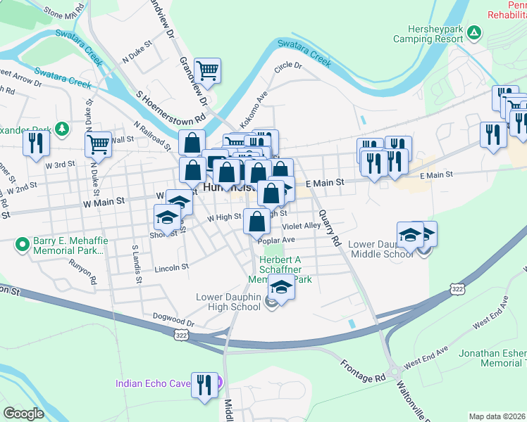 map of restaurants, bars, coffee shops, grocery stores, and more near 24 East High Street in Hummelstown