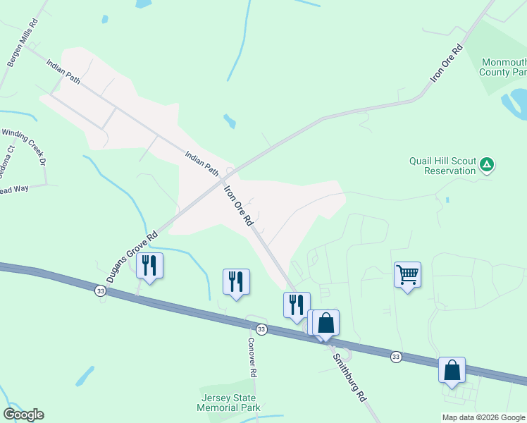 map of restaurants, bars, coffee shops, grocery stores, and more near 26 Iron Ore Road in Manalapan Township