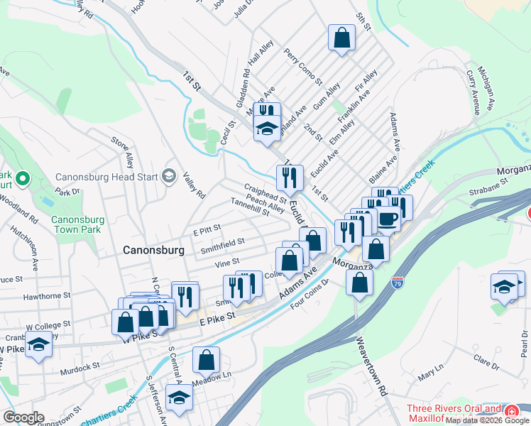 map of restaurants, bars, coffee shops, grocery stores, and more near 530 Tannehill Street in Canonsburg