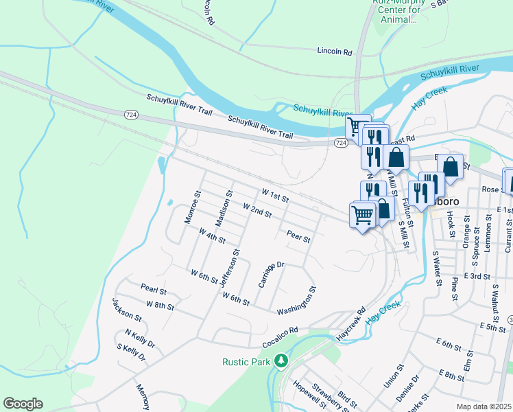 map of restaurants, bars, coffee shops, grocery stores, and more near 451 West 2nd Street in Birdsboro