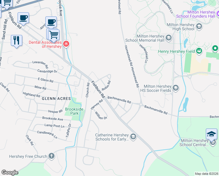 map of restaurants, bars, coffee shops, grocery stores, and more near 222 Robin Road in Hershey