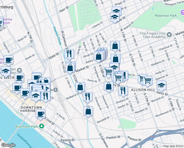 map of restaurants, bars, coffee shops, grocery stores, and more near 1200 Chestnut Street in Harrisburg