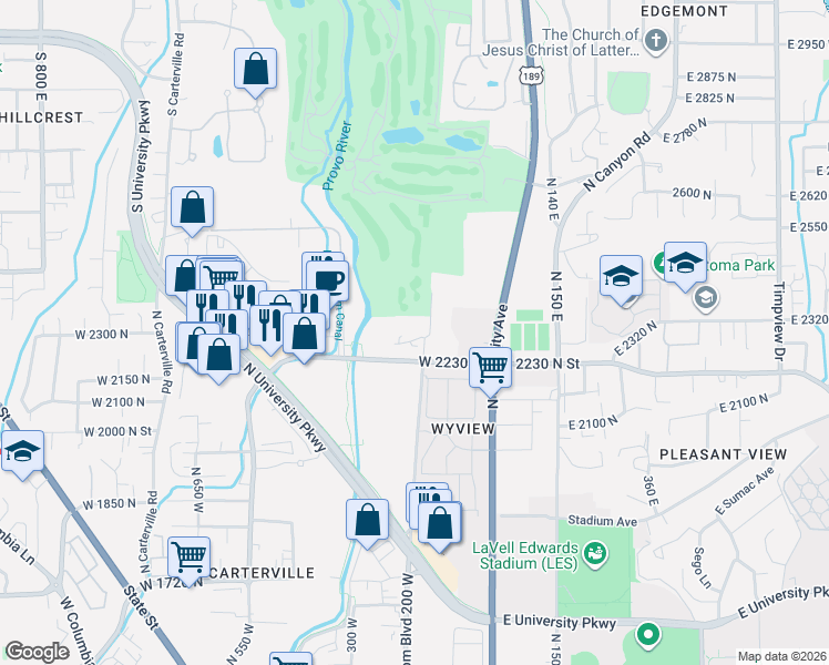 map of restaurants, bars, coffee shops, grocery stores, and more near 222 West 2280 North Street in Provo